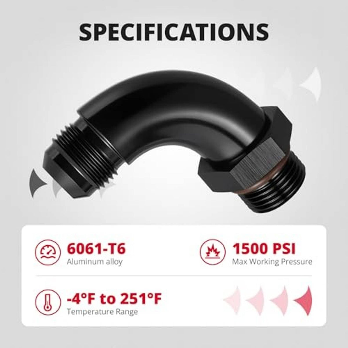 Black 90-degree AN elbow fitting with threaded ends and textured sealing interface