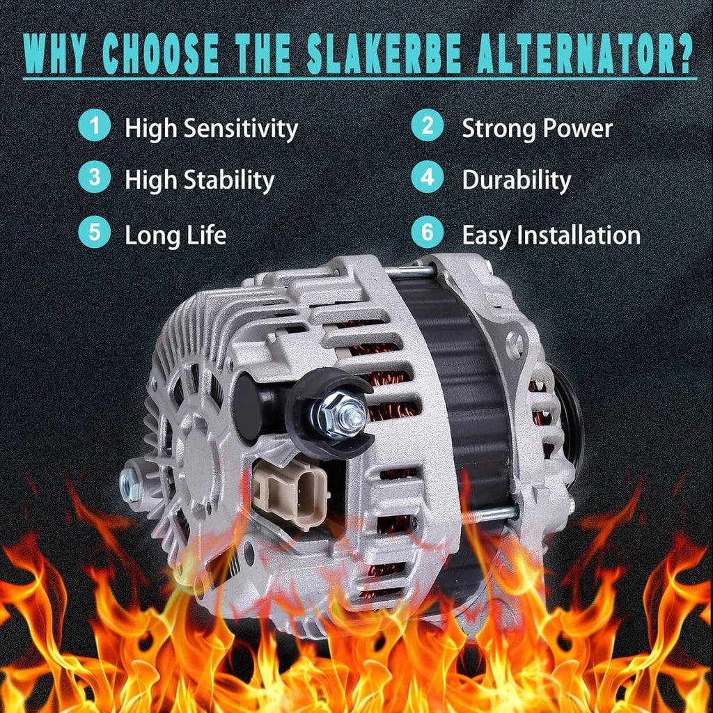 Automotive alternator front three-quarter view with black pulley and vented fan housing
