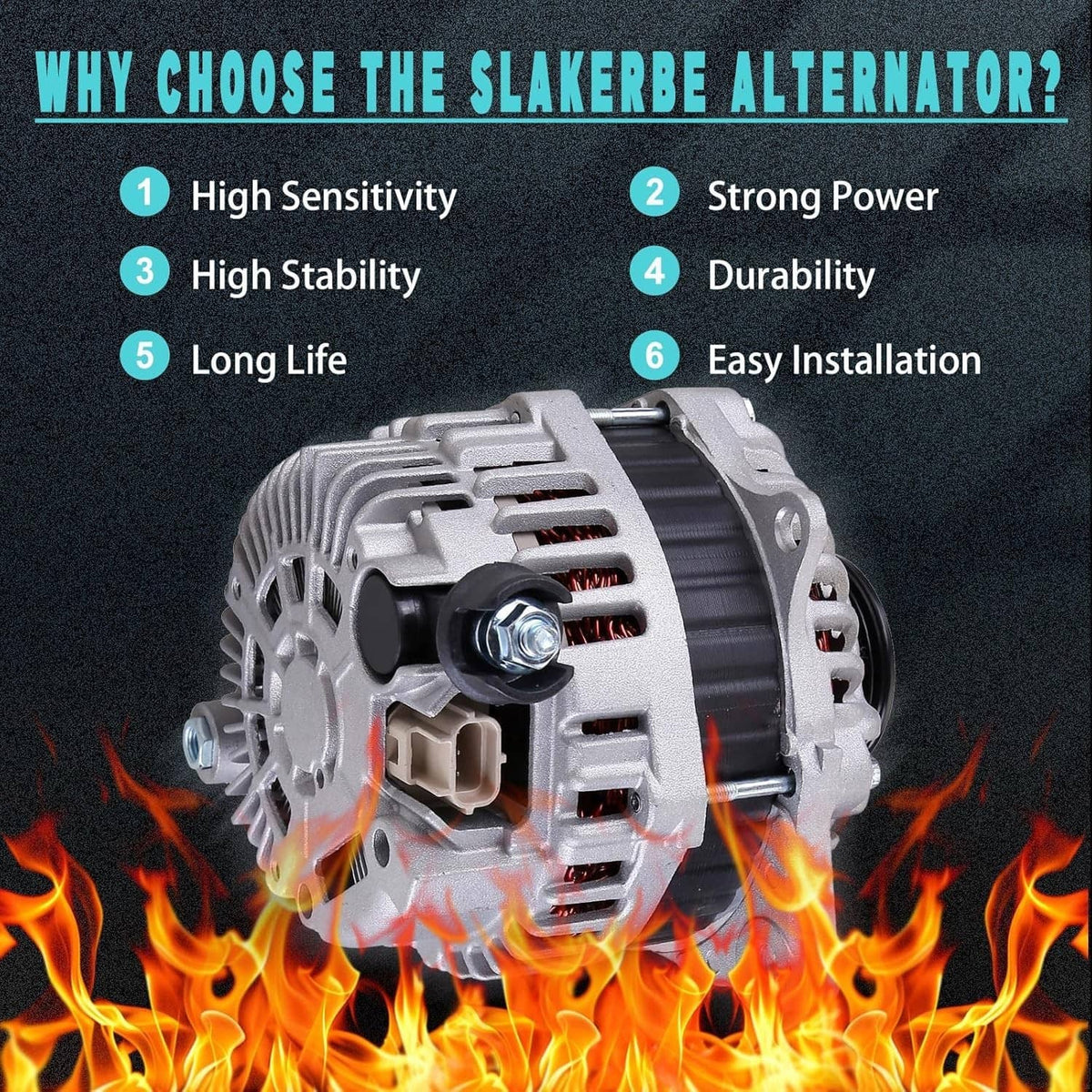 Automotive alternator front three-quarter view with black pulley and vented fan housing