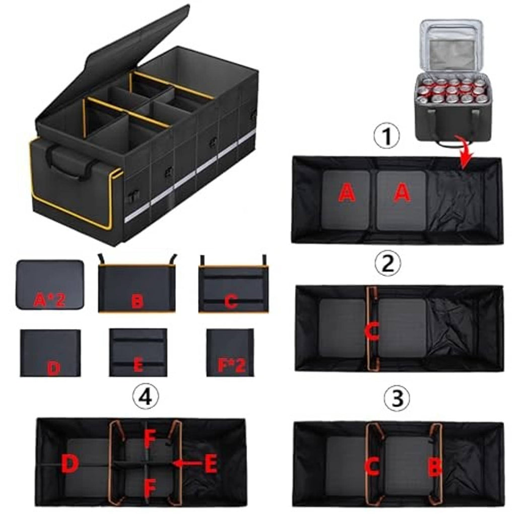 Car trunk organizer showing removable sub-dividers layout with hinged lid and handles