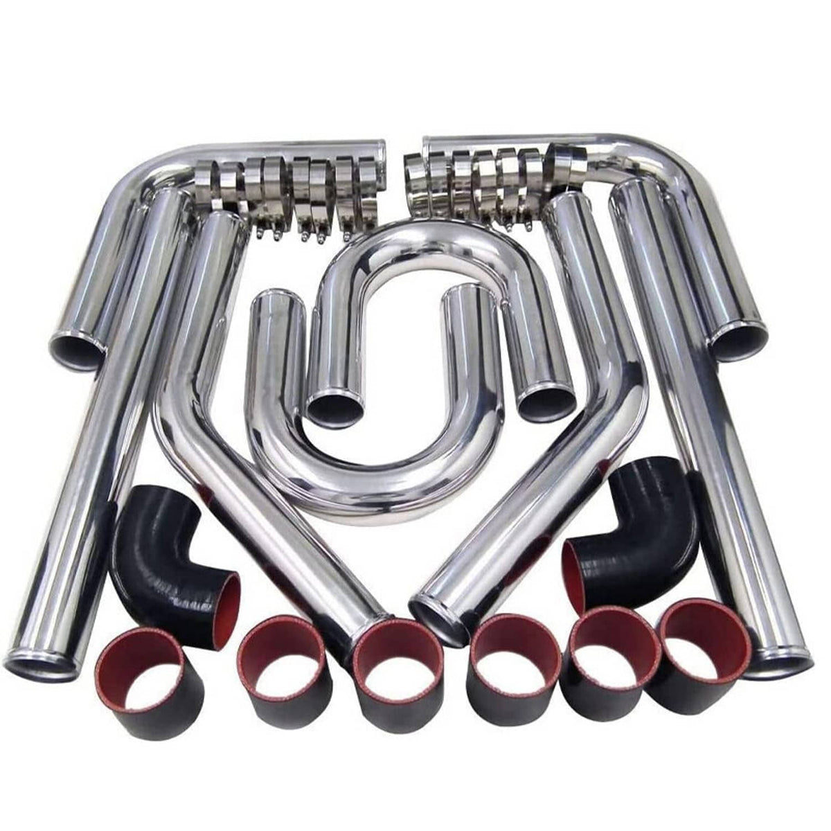 Aluminum turbo intercooler elbow pipe kit with black silicone couplers and red gaskets