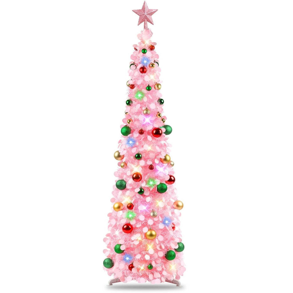 Pink pop-up Christmas tree with star topper, multicolor lights and baubles