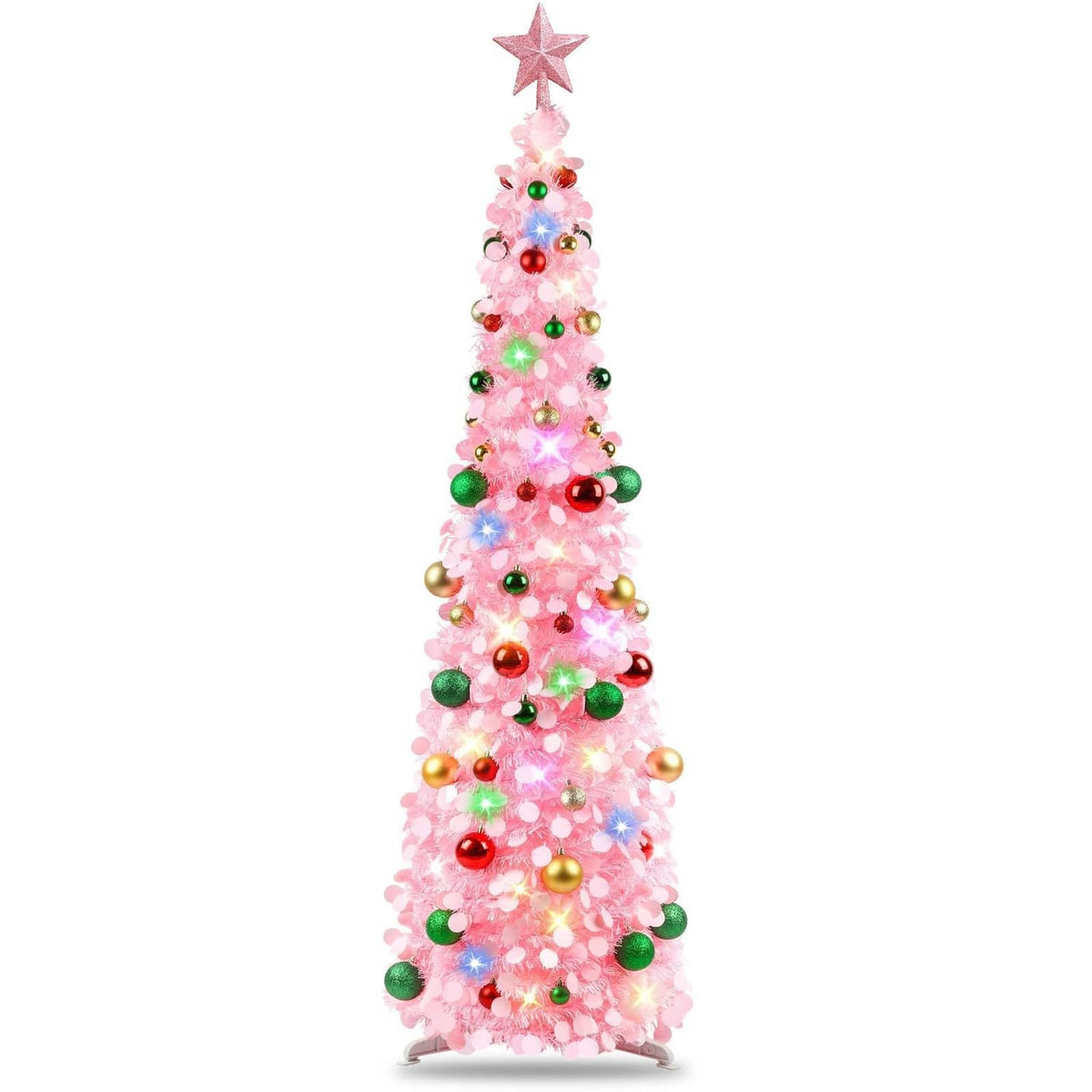 Pink pop-up Christmas tree with star topper, multicolor lights and baubles