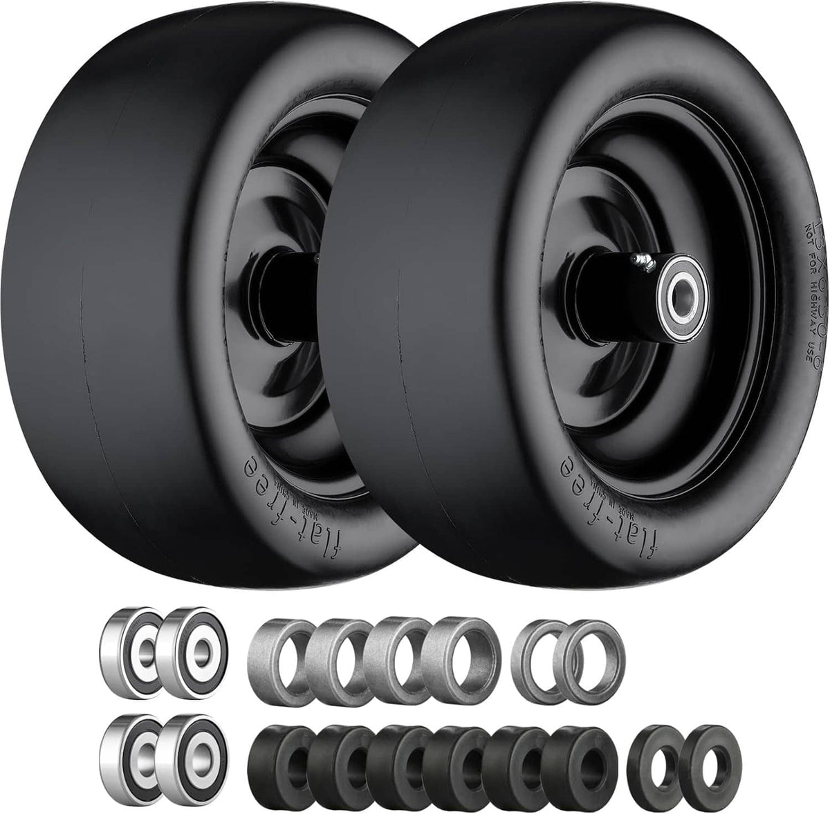 Flat-free lawn mower tire set with black wheels, includes axle spacers and washers