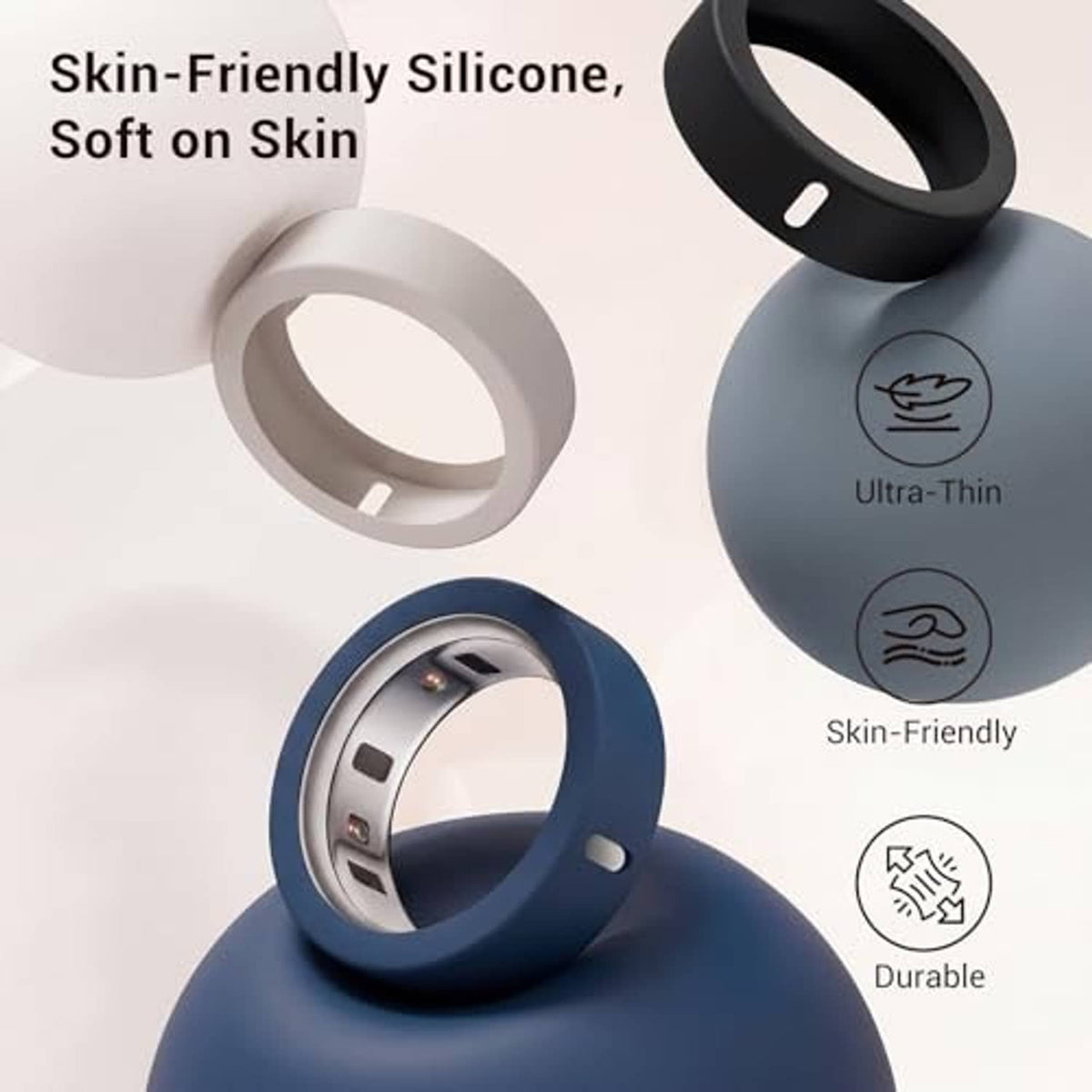 Skin-friendly silicone charging cover in beige, black, and dark blue with thin profile