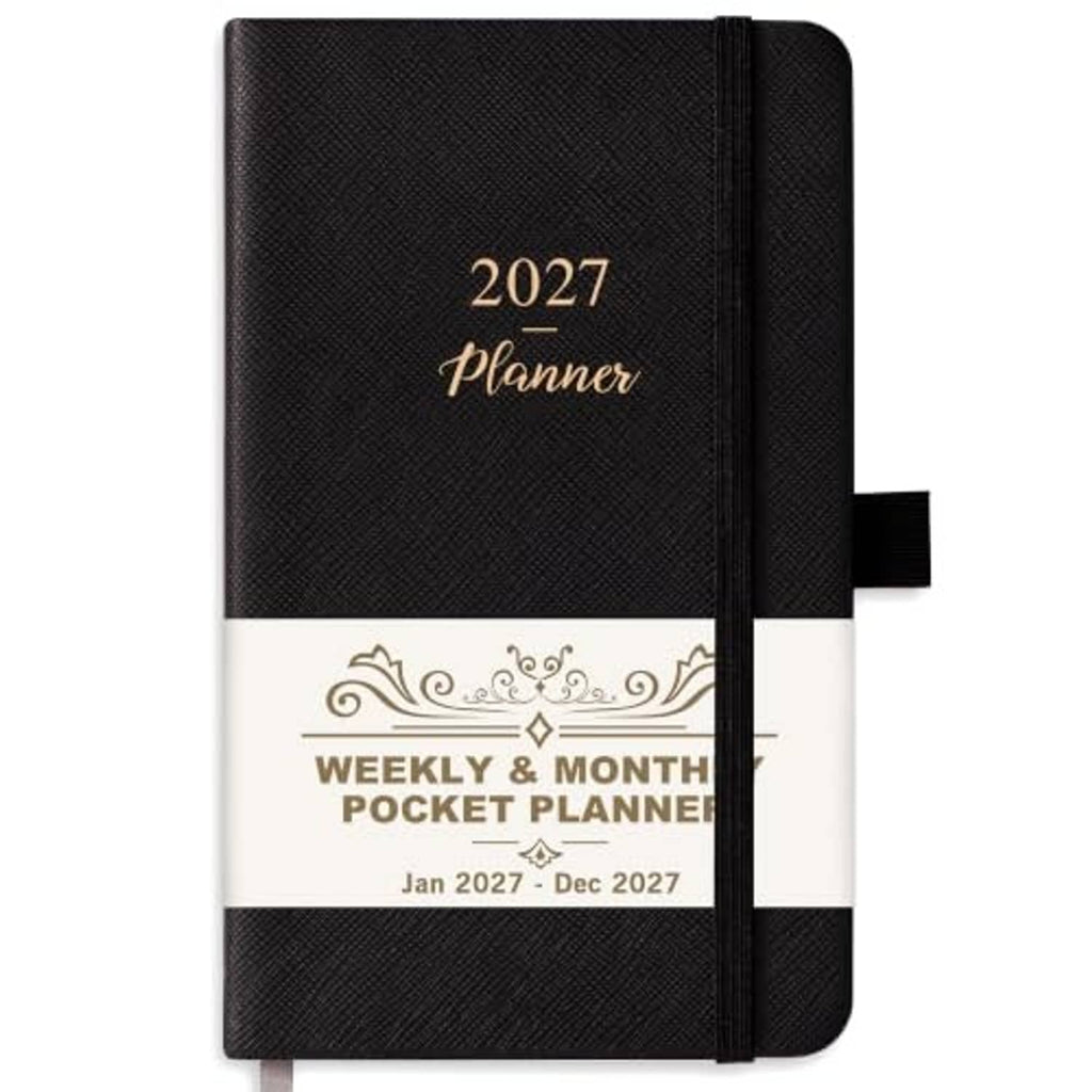 Black pocket planner with gold “2027 Planner” title and weekly & monthly pocket calendar cover