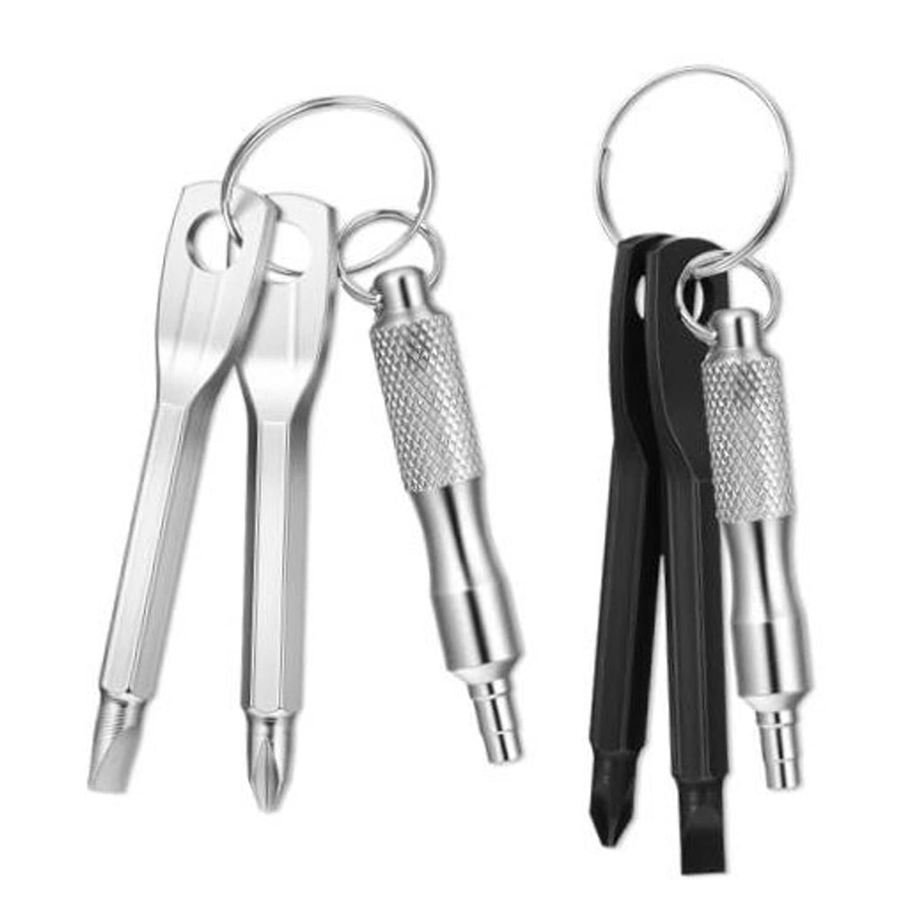 Valve stem remover tools with keychain screwdriver, chrome and black grips, two pieces