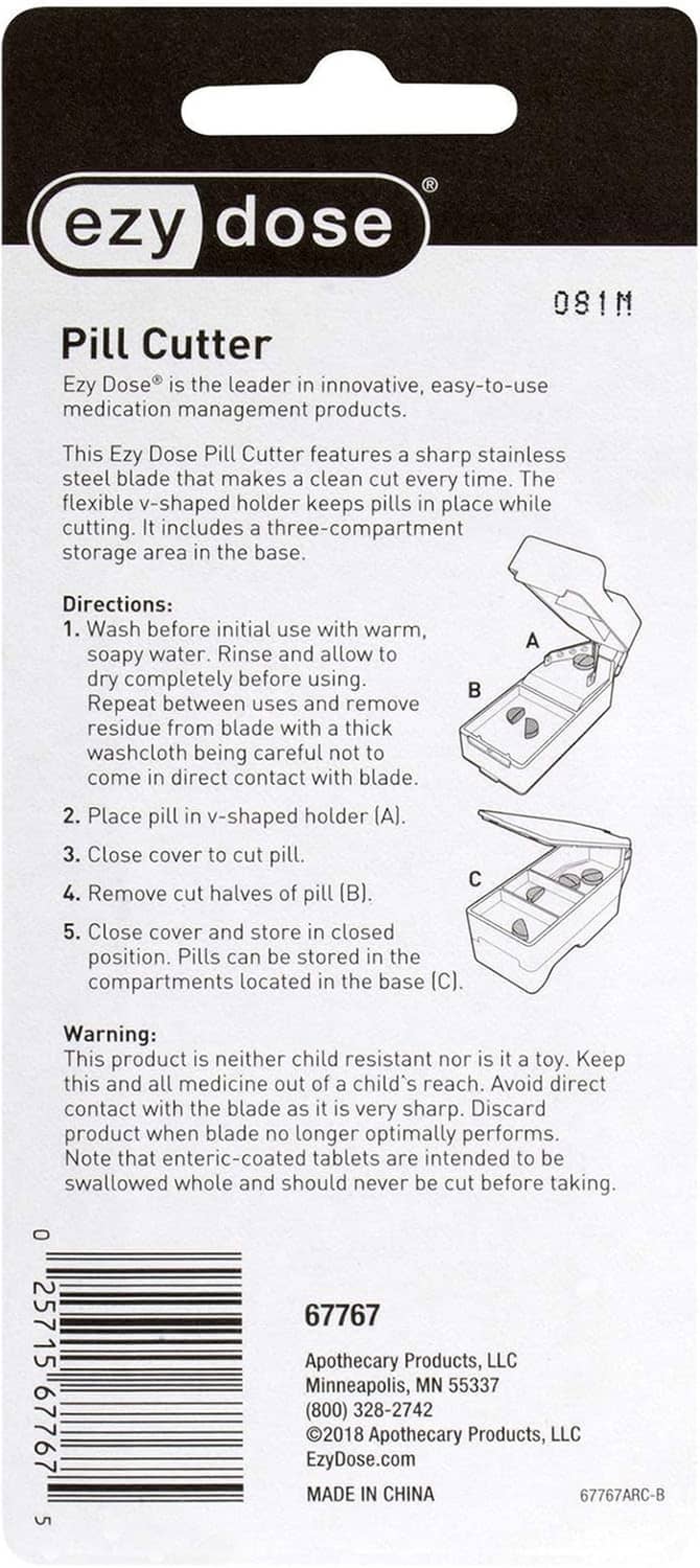 ezy dose pill cutter product card with usage instructions and barcode on back