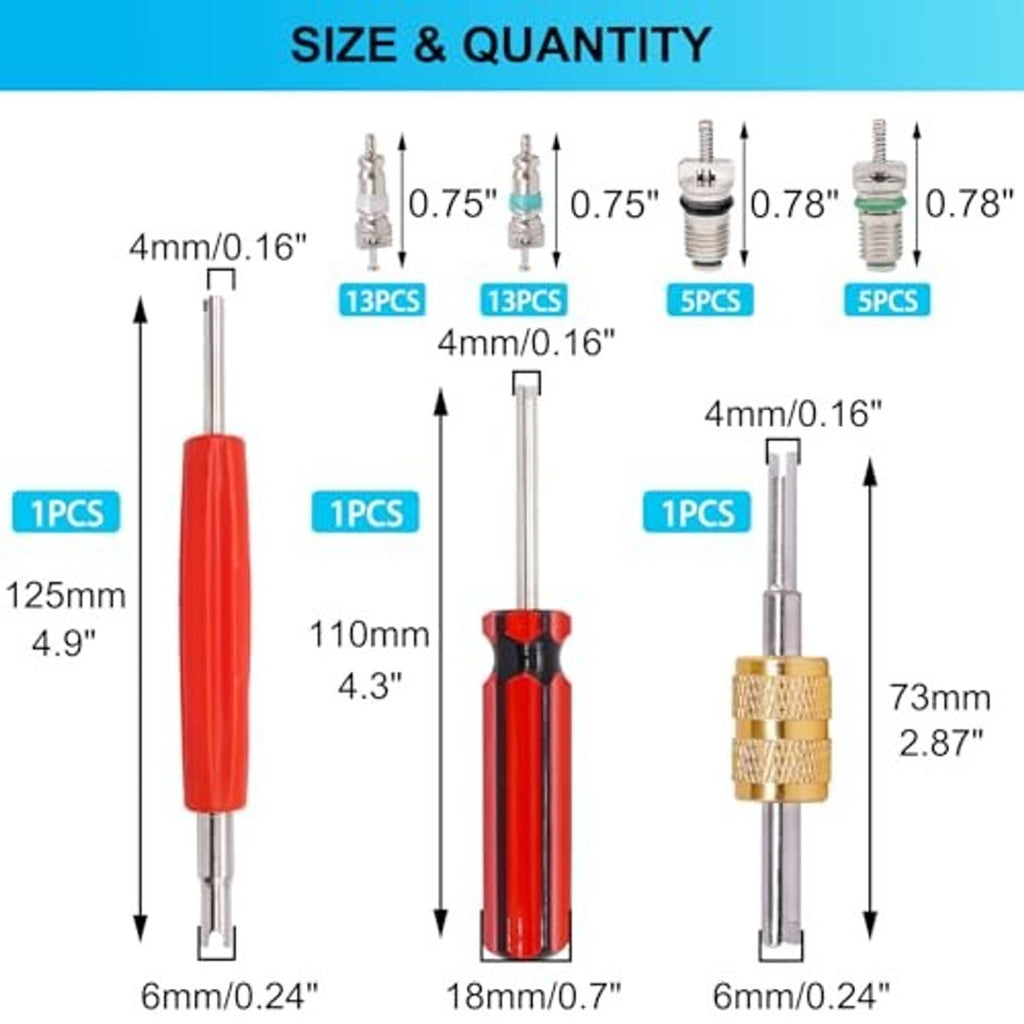 AC valve core remover tool with red handle and marked size diagram