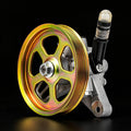 Power steering pump with rainbow-finish pulley, gray housing, and black hydraulic hose