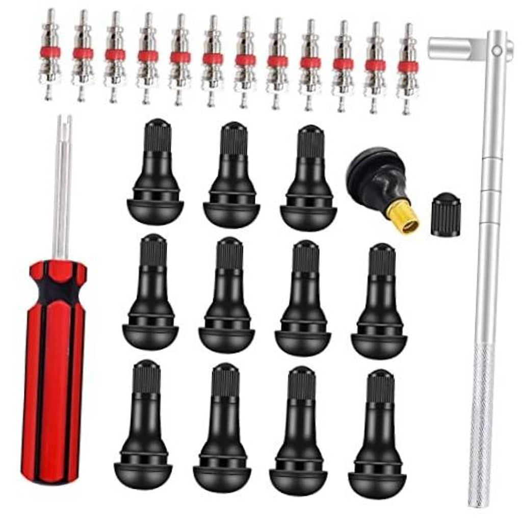 Tire valve stem tool kit with red handle, silver shaft, and multiple black valve cores