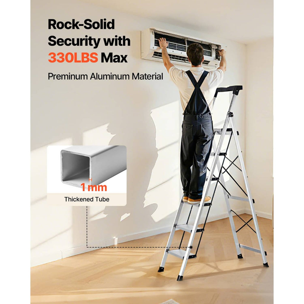 Aluminum folding ladder with wide steps and handgrip lock, extended