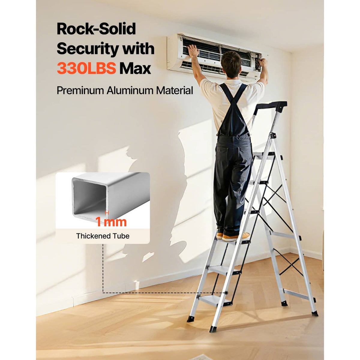 Aluminum folding ladder with wide steps and handgrip lock, extended