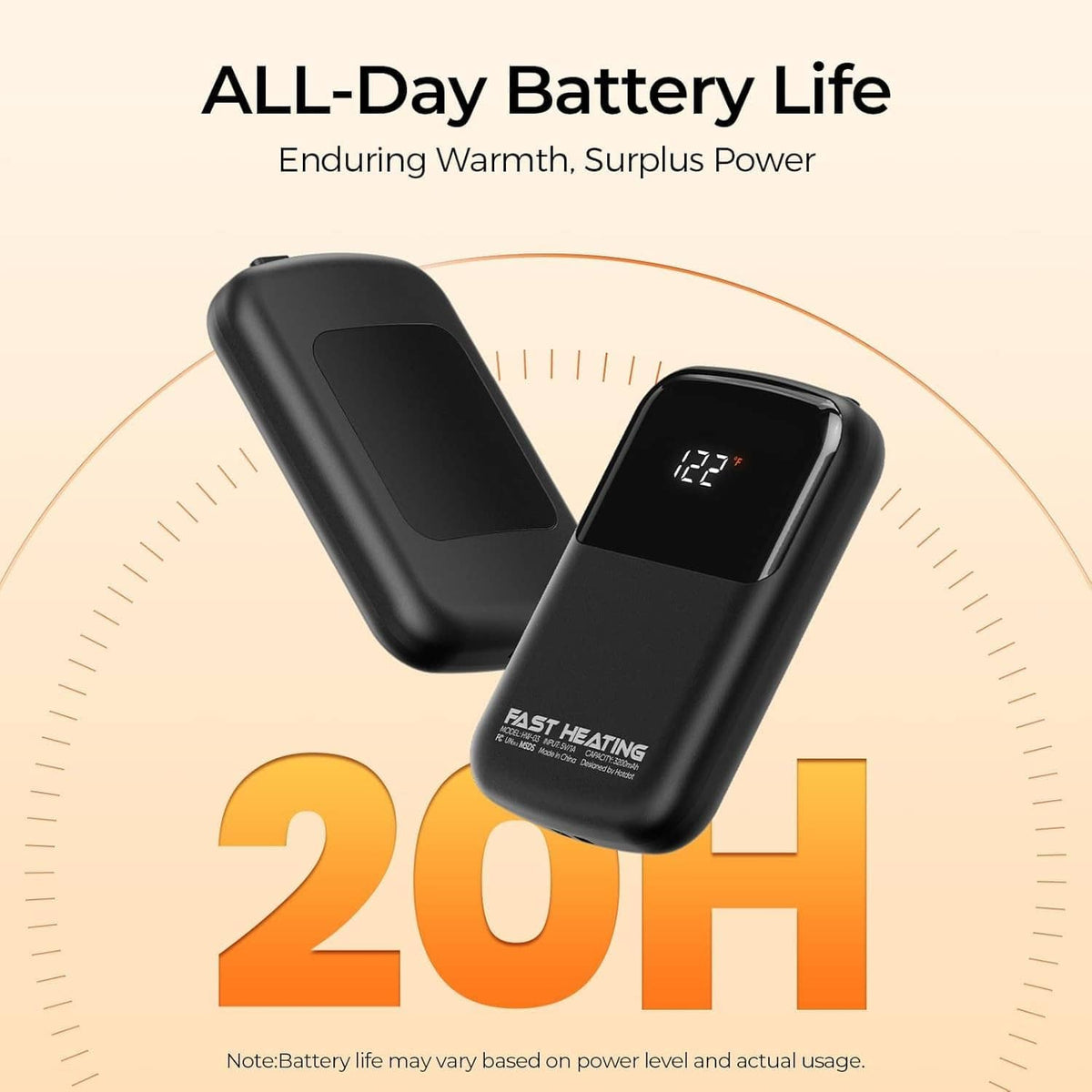 Two black rechargeable hand warmers stacked, with LCD temperature display