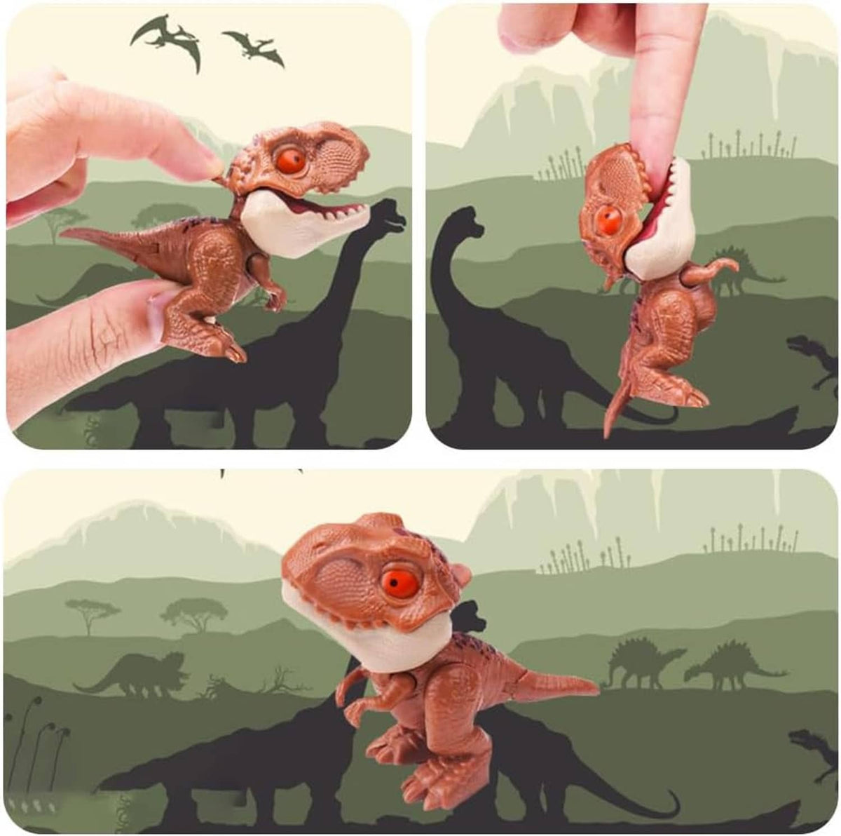 Orange and brown biting finger dinosaur toy figure, with open mouth and big eyes