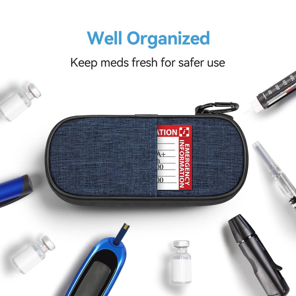 Indigo insulin pen cooler case, blue fabric top zipper, divided interior for pens