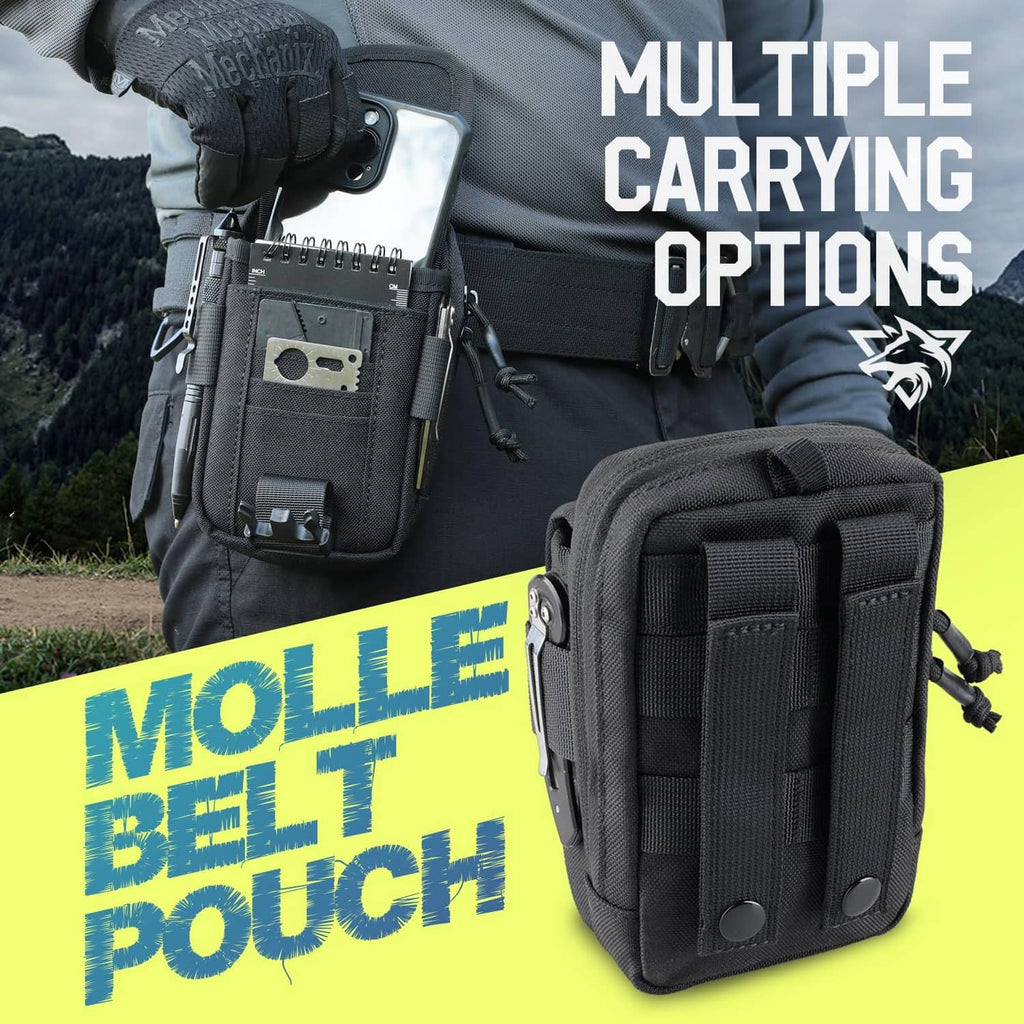 Black tactical MOLLE pouch for small items with multiple front pockets and straps