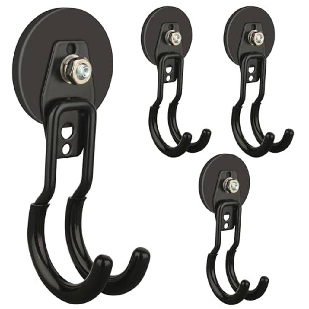 Black magnetic garage hooks, round base with metal screw fastener and double hook arms