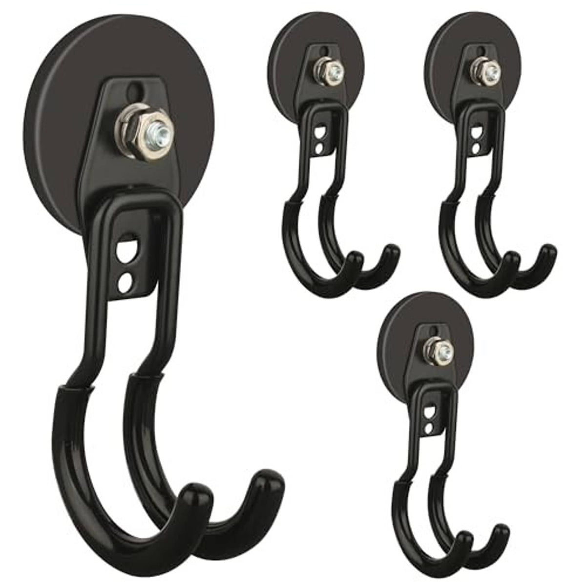 Black magnetic garage hooks, round base with metal screw fastener and double hook arms