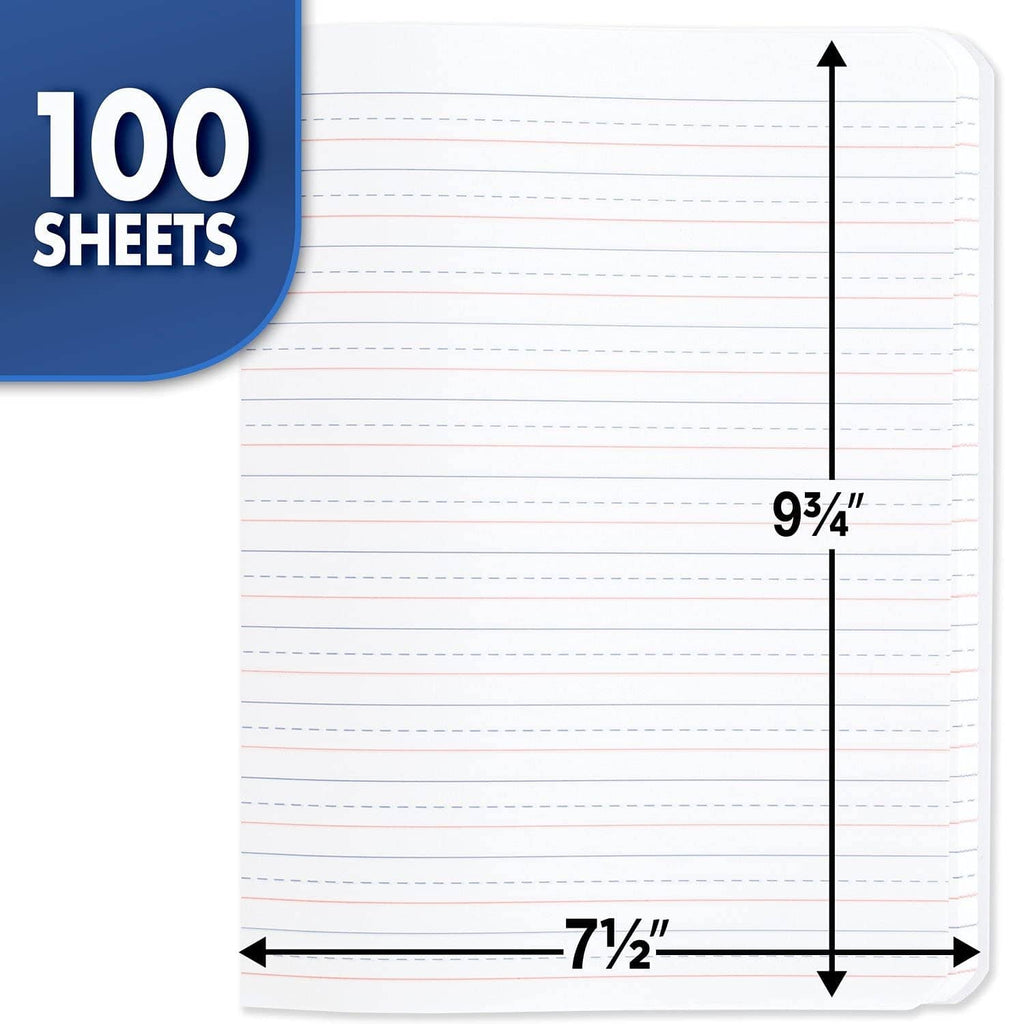 Primary composition ruled writing page with red vertical line and blue dashed guides