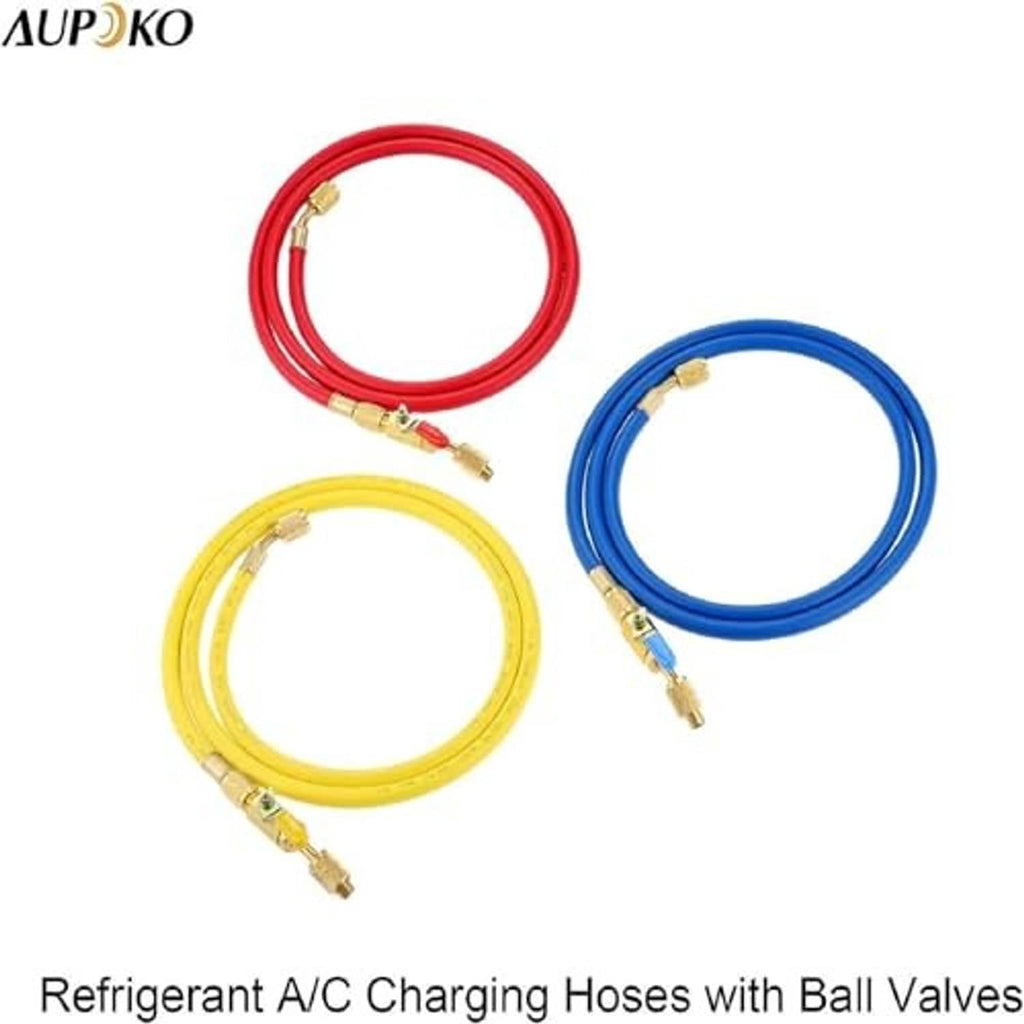 Refrigerant charging hose set: red, yellow, and blue hoses with brass valves