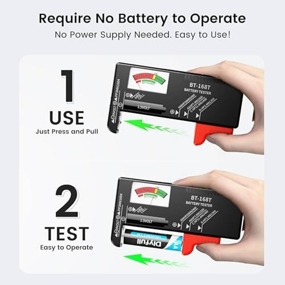 Black battery tester with red handle, step guide for press and pull testing.