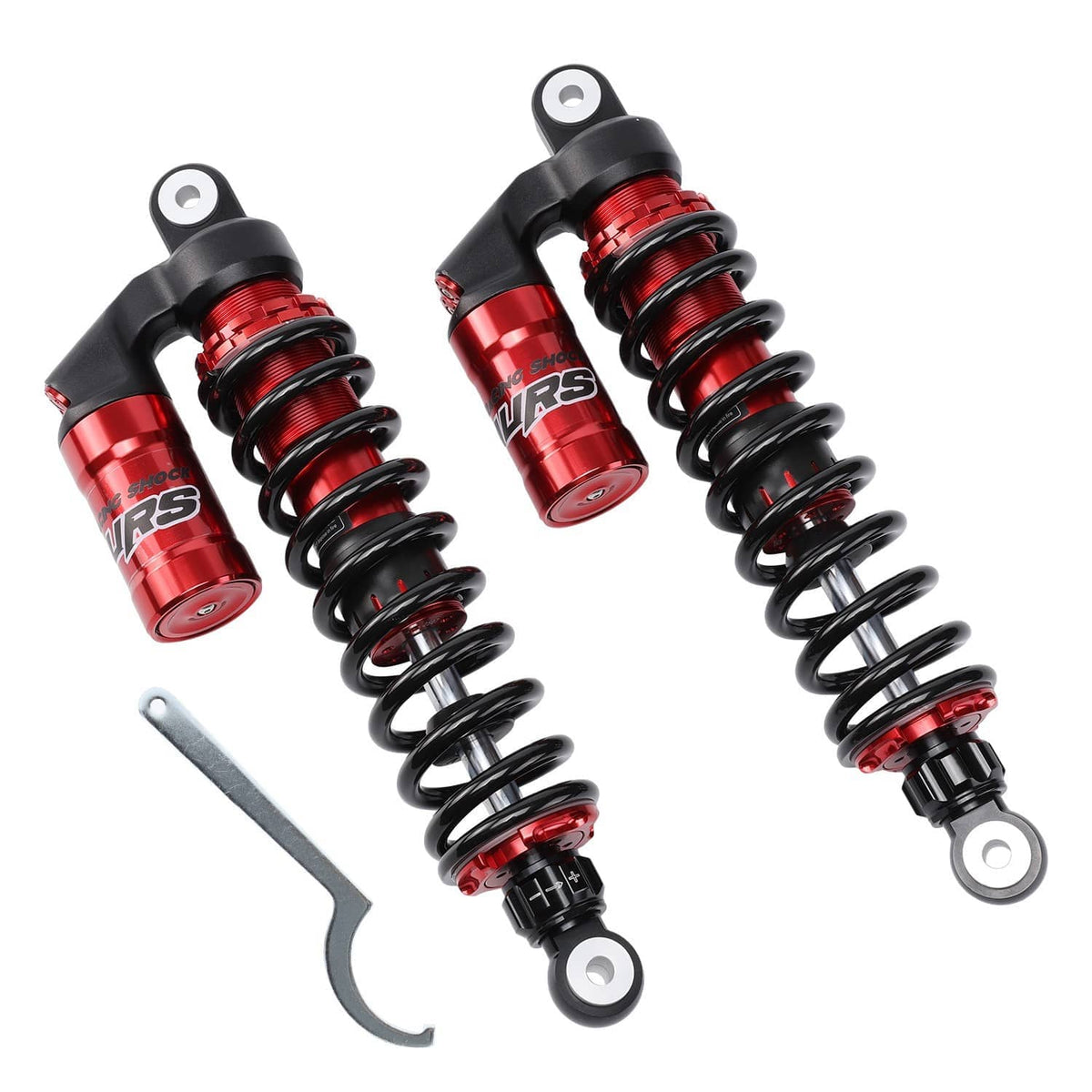 Pair of front shock absorbers with red reservoirs and black springs, plus wrench