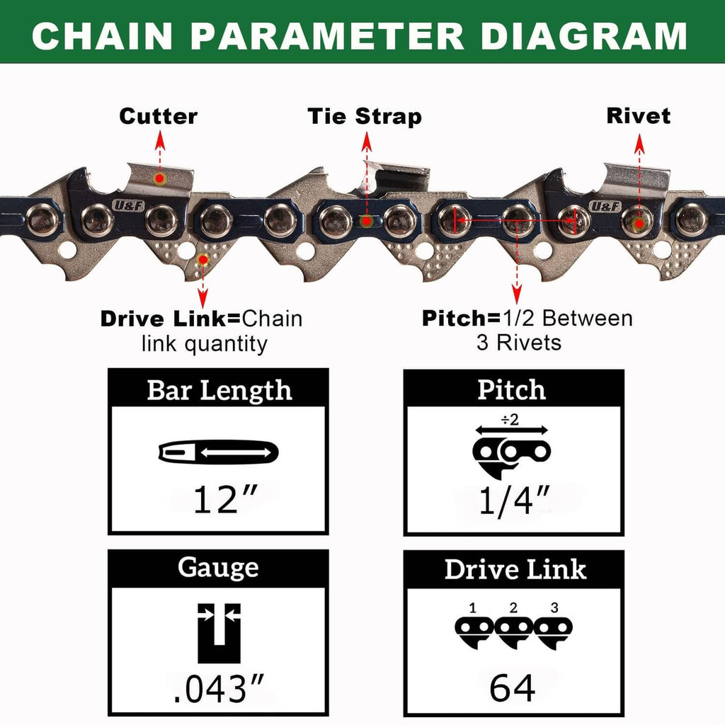 RivetOak 12 Inch Pole Saw Chain for Stihl 1/4" Pitch .043" Gauge 64 Drive 12 inches