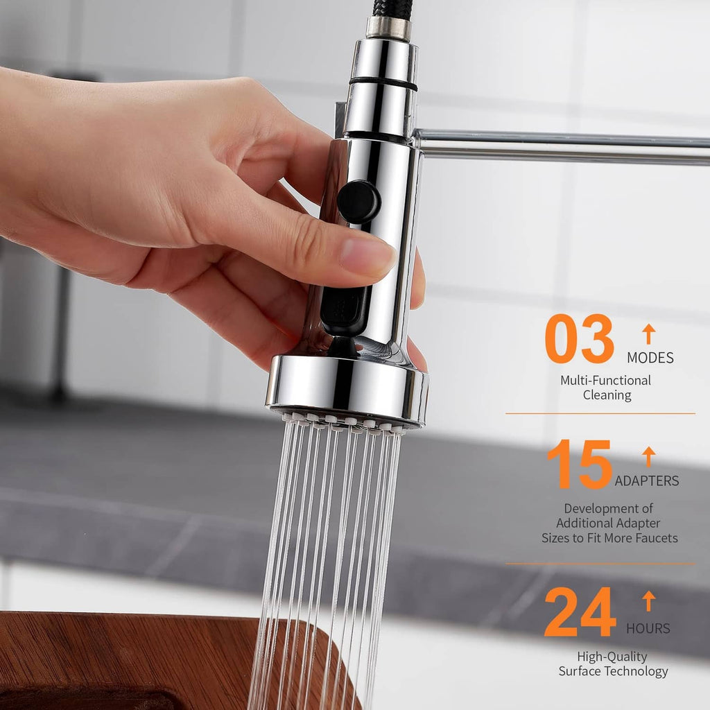 Chrome kitchen faucet spray head with black control switch and water stream