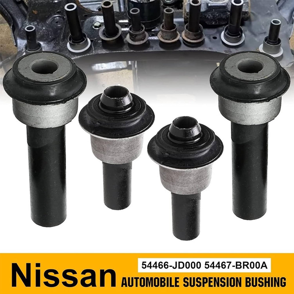 Front subframe crossmember bushings set with four black rubber grommets and metal sleeves
