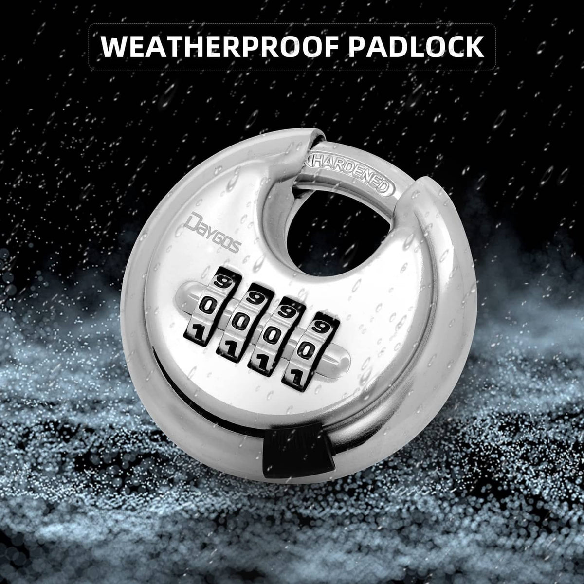 Silver weatherproof disc padlock with 4-digit combination dials and hardened label