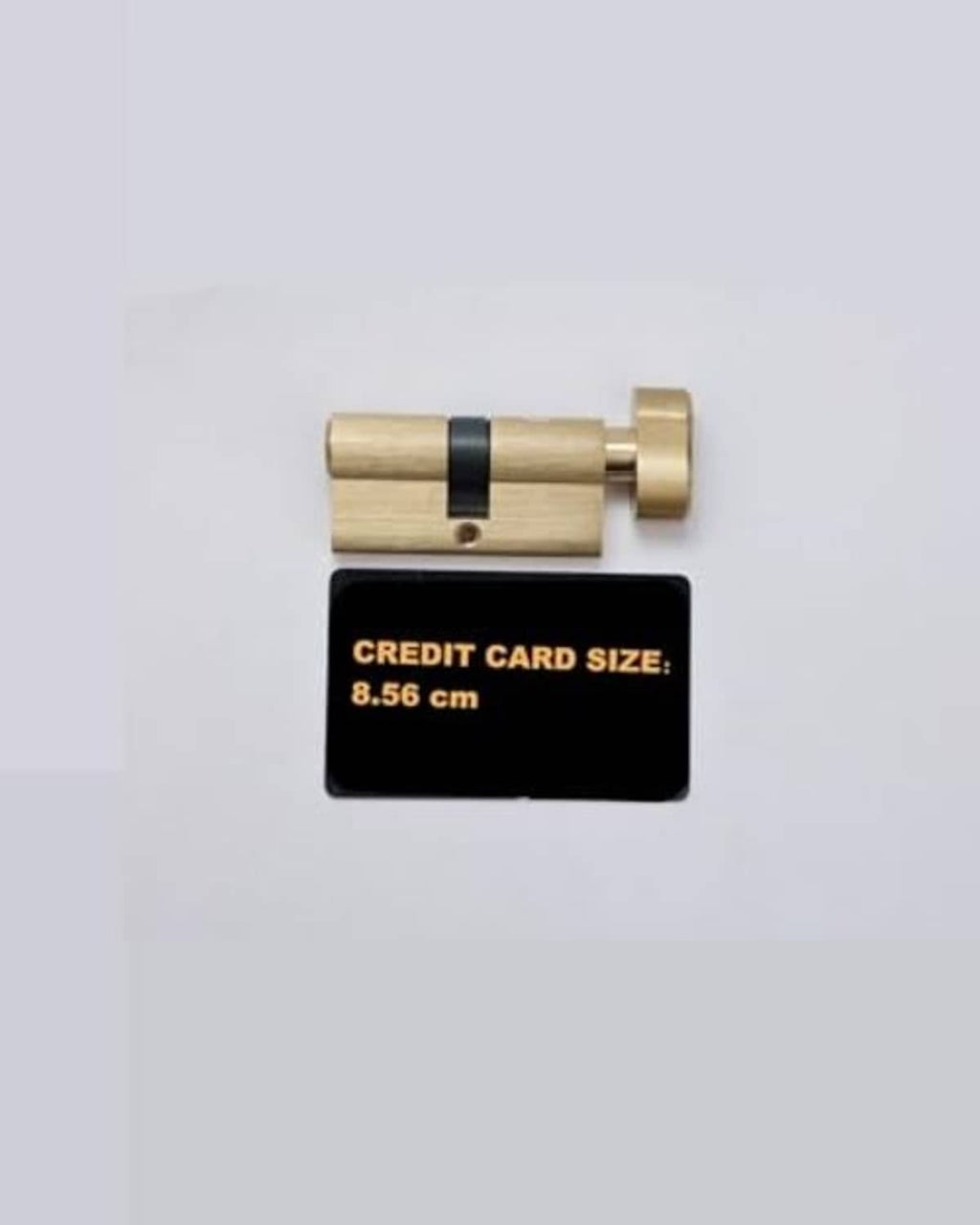 Brushed brass lock cylinder with black center ring and keyway plug