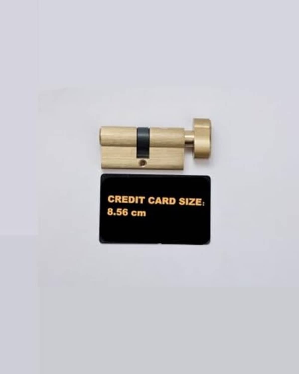 Brushed brass lock cylinder with black center ring and keyway plug