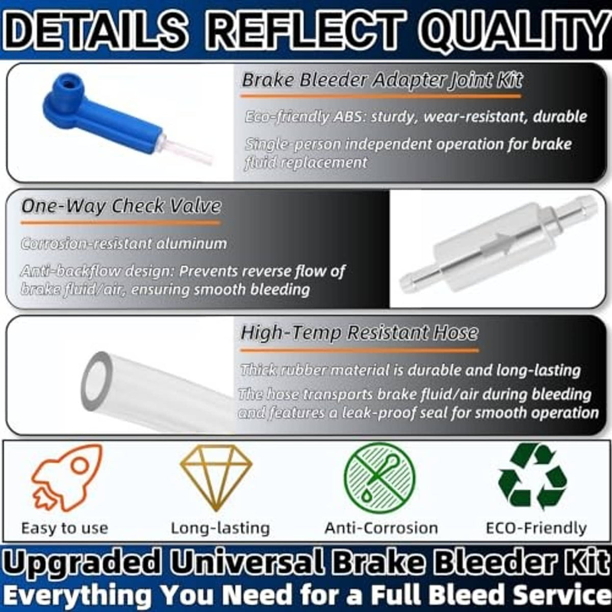 Brake bleeder adapter joint kit with blue connector and one-way check valve parts