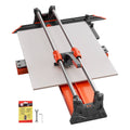 Manual tile cutter with orange base and dual rails, holding a white tile for cutting