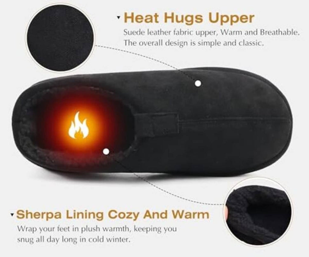 Black clog slippers with sherpa-style fleece lining and rounded toe