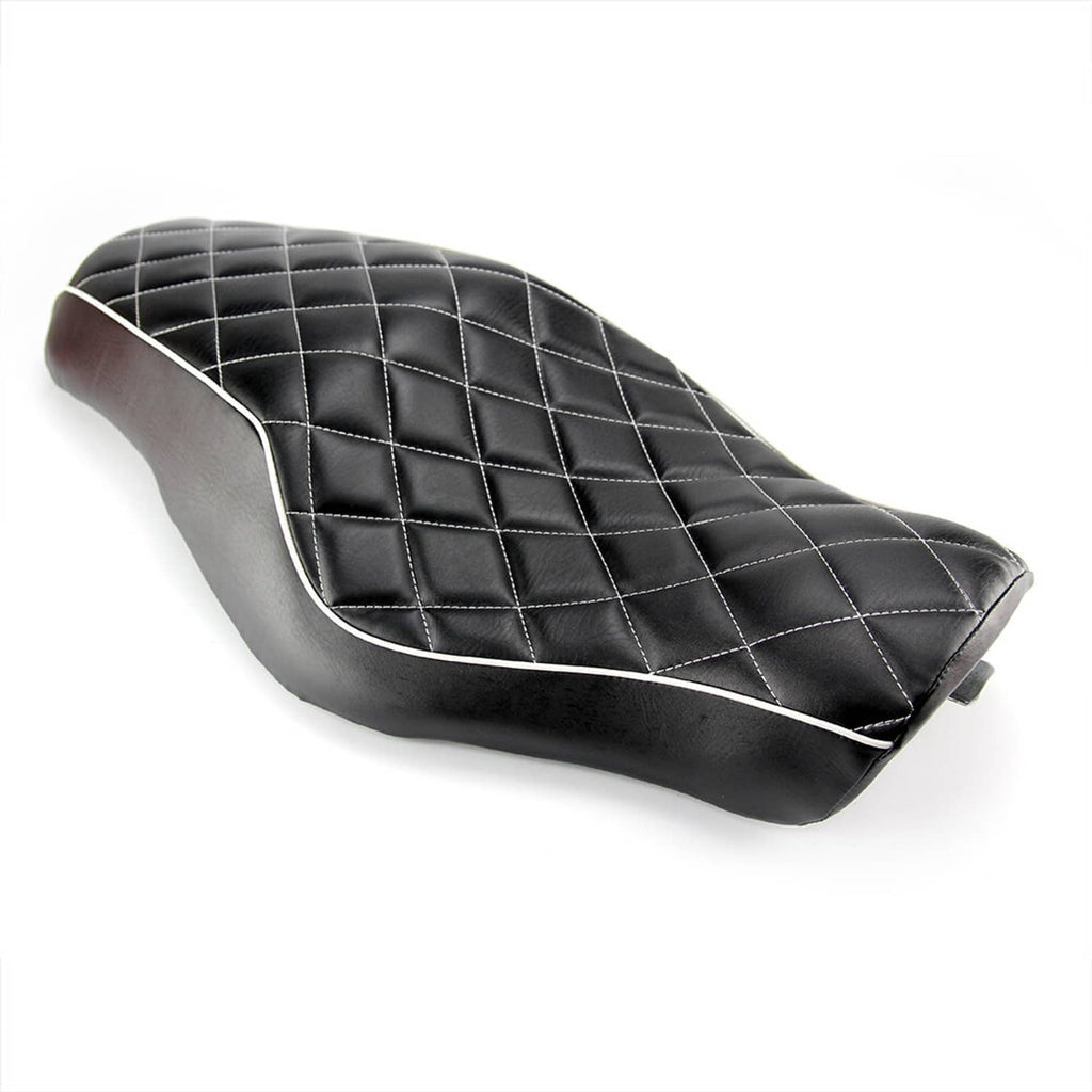 Black motorcycle passenger seat with diamond quilting and white edge trim