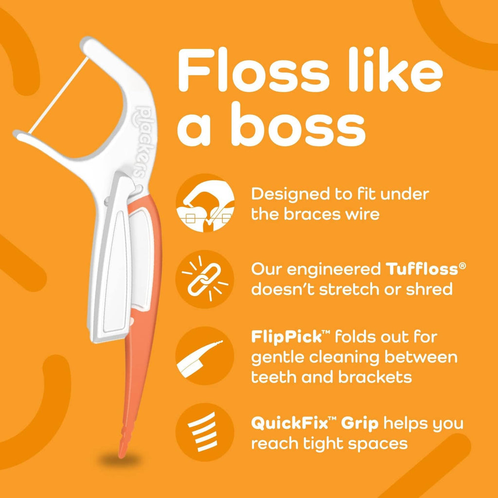 Dental floss pick with flip-pick tip for braces, shown near orthodontic brackets