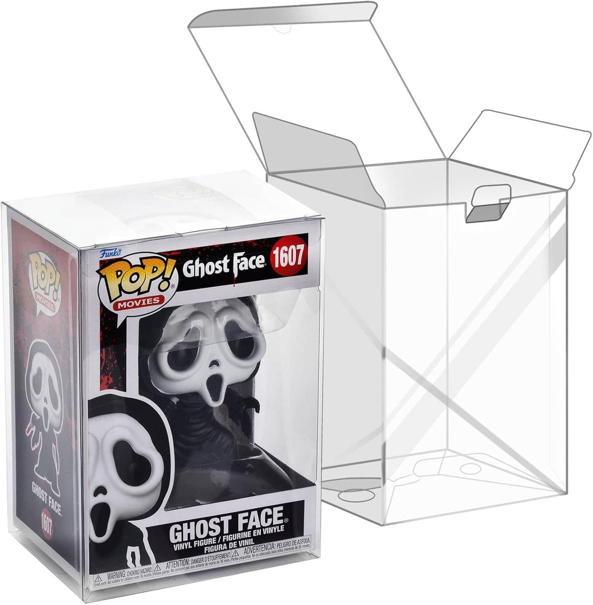 Clear hard plastic Pop protector case with hinged lid, shown with figure box