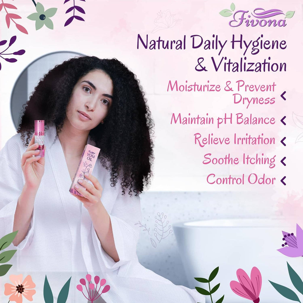 Woman holding a pink feminine care oil bottle, promotional natural daily hygiene design