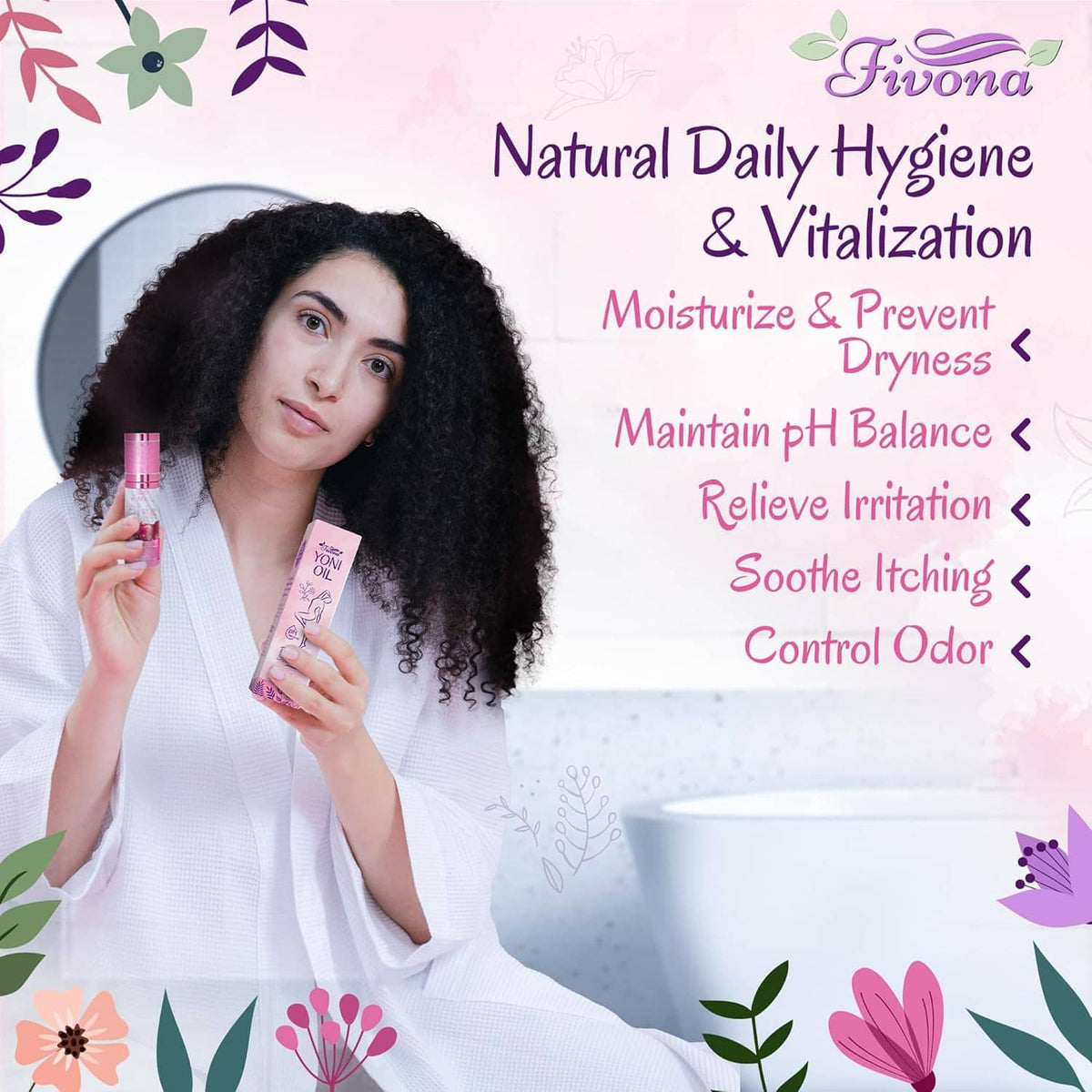 Woman holding a pink feminine care oil bottle, promotional natural daily hygiene design