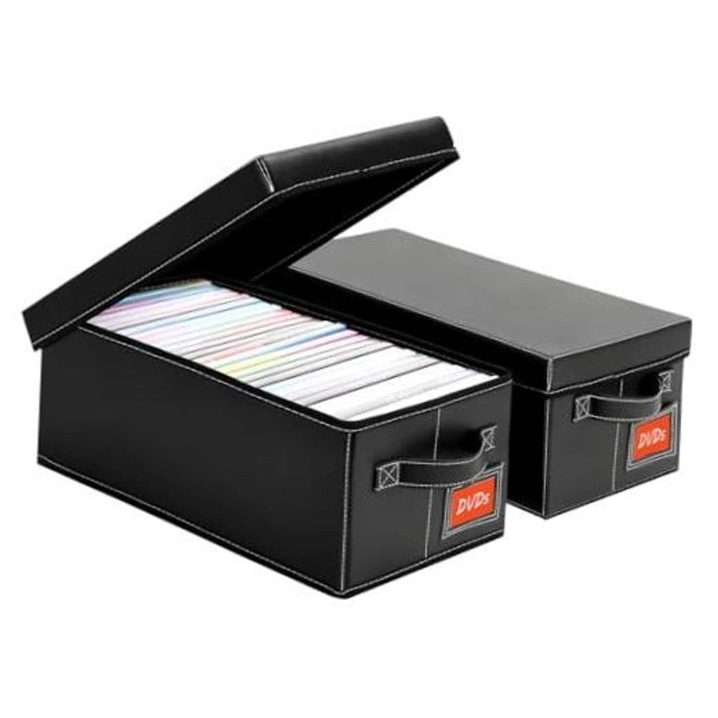 Black faux leather DVD storage box with lid, open to show face-up DVDs
