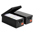 Black faux leather DVD storage box with lid, open to show face-up DVDs
