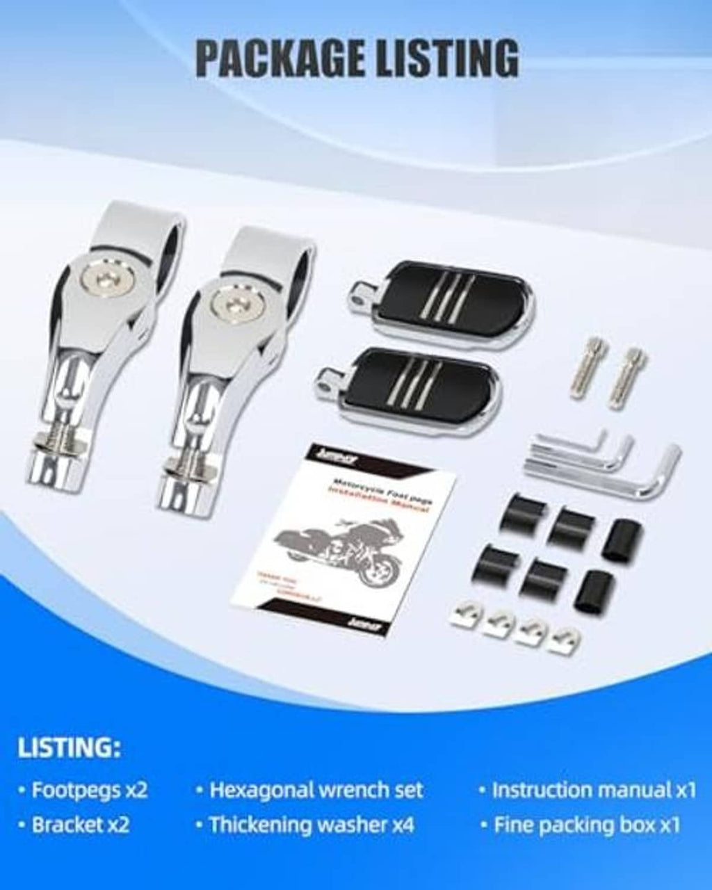 Motorcycle highway footpeg package with folding rests, black pads, screws, and mounting brackets