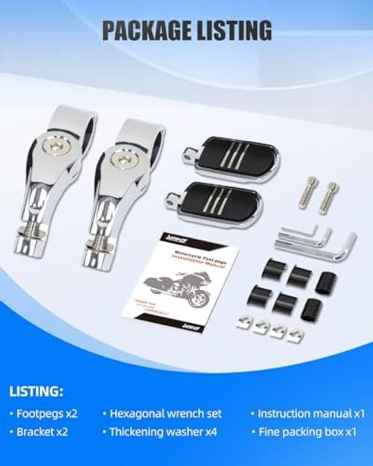 Motorcycle highway footpeg package with folding rests, black pads, screws, and mounting brackets