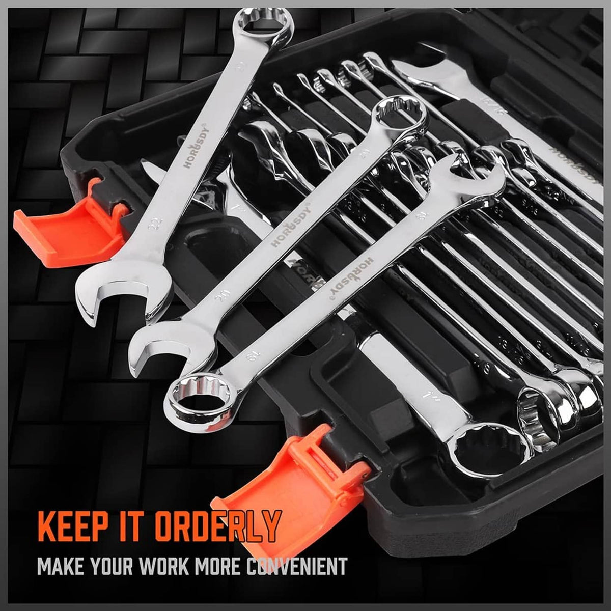 Combination wrench set in open black case, chrome wrenches with orange plastic holders