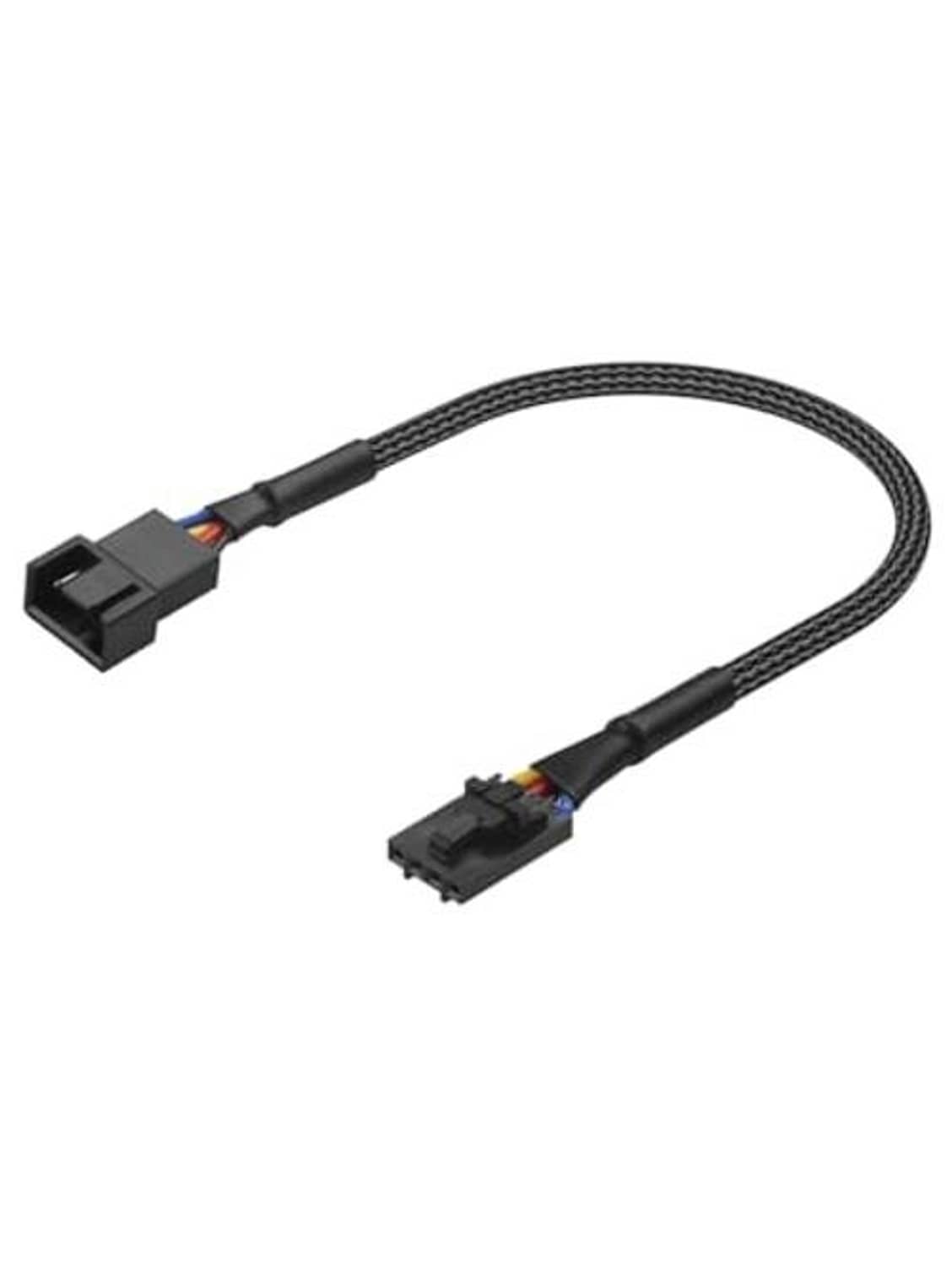 4-pin fan locking adapter cable with braided black cable and two black 4-pin connectors