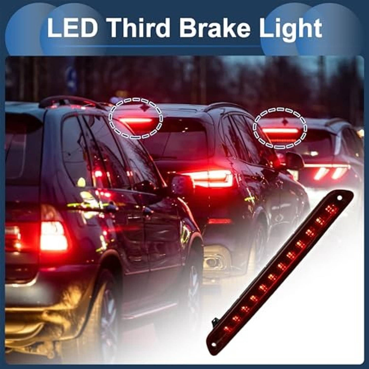 Red LED third brake light installed on a vehicle roof rear, showing bright red glow