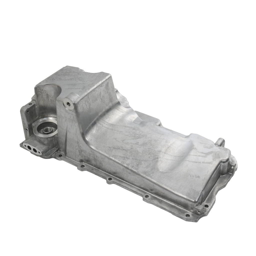 Engine oil pan housing assembly with pickup port, silver cast metal and bolt holes