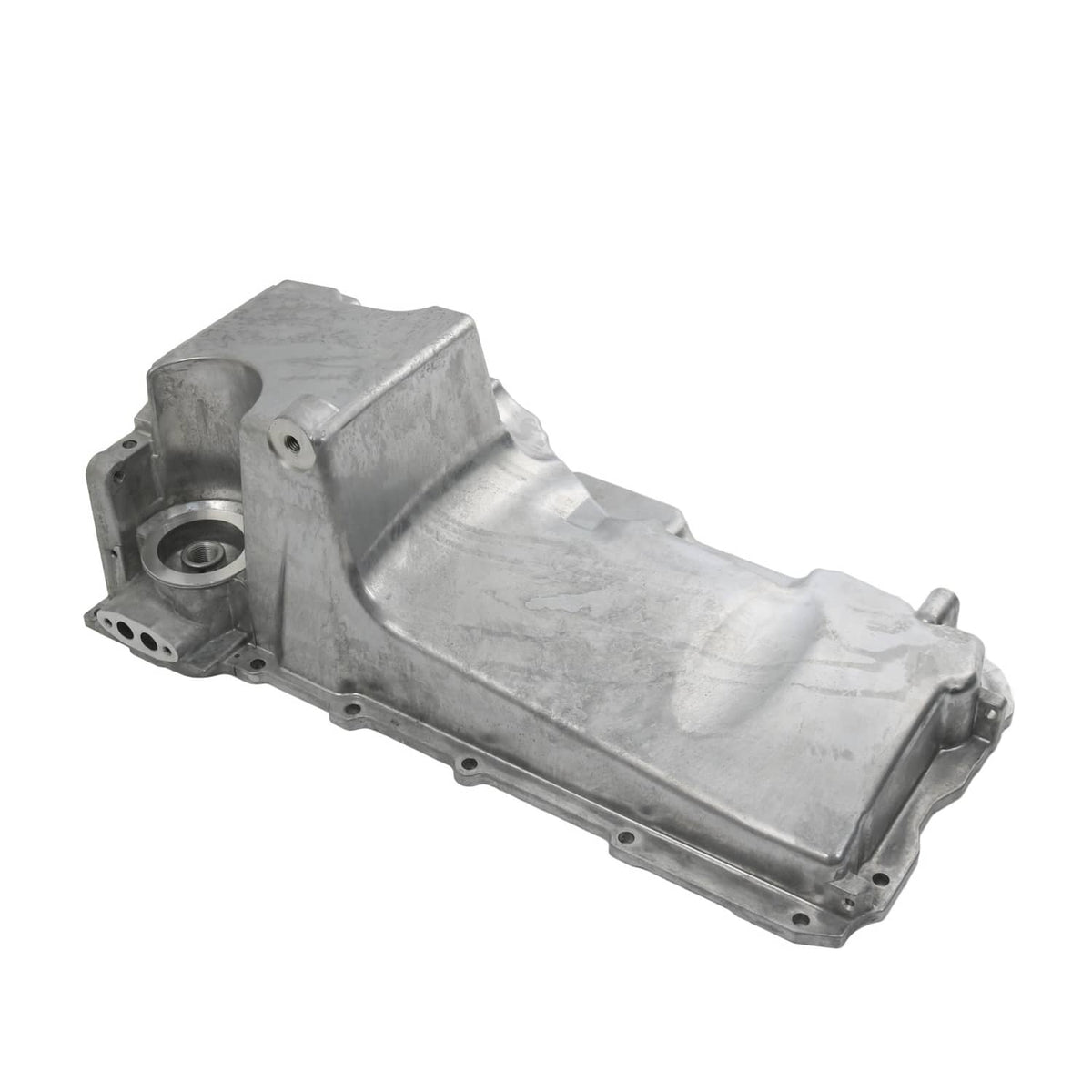 Engine oil pan housing assembly with pickup port, silver cast metal and bolt holes